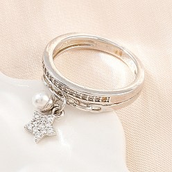 Platinum Brass Micro Pave Cubic Zirconia Finger Rings for Women, Star, with ABS Imitation Pearl, Cadmium Free & Lead Free, Rack Plating, Platinum, 5mm, Inner Diameter: 17mm