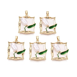 Белый Латунь эмаль подвески, подвески-прямоугольники и цветы, с ABS имитации жемчуга, реальный 18 k позолоченный, белые, 23.5x20x7 мм, отверстие : 5x2.5 мм