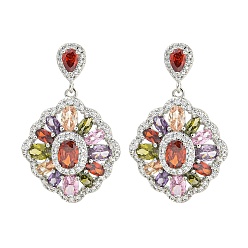 Средний Бирюзовый Латунь микро проложить кубический цирконий болтаться серьги стержня, цветок, платина, средне бирюзовый, 38.5x24.5 мм