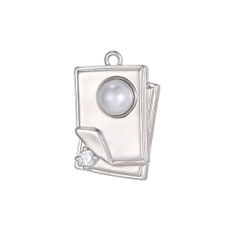 Нержавеющая Сталь Цвет Прямоугольные подвески 304 подвески из нержавеющей стали с прозрачным кубическим цирконием, с имитацией жемчуга, цвет нержавеющей стали, 22x16 мм