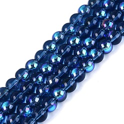 Морской Синий Прозрачные стеклянные бусины гальваническим пряди, круглые, с покрытием цвета радуги, с половиным покрытием, Marine Blue, 6~6.5 мм, отверстие : 0.8~1 мм, около 67~72 шт / нитка, 14.57~15.35 дюйм (37~39 см)