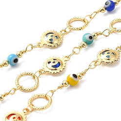 Real 18K Gold Plated Sun & Evil Eye Handmade Brass Glass Beaded Chains, Soldered, with Spool, Cadmium Free & Lead Free, Real 18K Gold Plated, Sun: 14x8x2.5mm, Linking Ring: 8x1mm