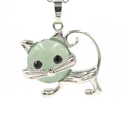 Green Aventurine Natural Green Aventurine Pendants, with Platinum Plated Brass Findings, Cat Shape Charms, 35x29x10mm