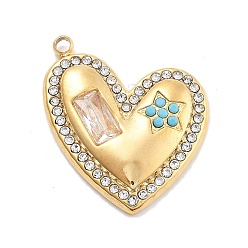 Настоящее золото 18K 304 из нержавеющей стали горный хрусталь подвески, вакуумное покрытие pvd, сердце, реальный 18 k позолоченный, 22x17.5x3 мм, отверстие : 1.4 мм