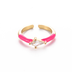 Deep Pink Brass Enamel Cuff Rings, Open Rings, Solitaire Rings, with Clear Cubic Zirconia, Nickel Free, Rhombus, Golden, Deep Pink, US Size 7(17.3mm)