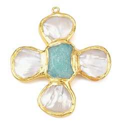 Амазонит Крупные подвески из натурального амазонита и ракушечного жемчуга, с латунной фурнитурой , крест прелести, граненые, золотые, 61.5~62.5x53~53.5x8.5 мм, отверстие : 2.4 мм