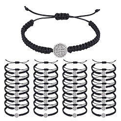Черный 40шт. браслеты из плетеных бусин из сплава, регулируемые плетеные браслеты из вощеного шнура для мужчин и женщин, плоские круглые с святым Бенедиктом, античное серебро, чёрные, внутренний диаметр: 2~3-1/2 дюйм (5.2~9 см)