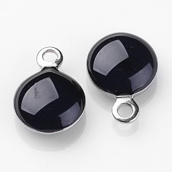 Black Stainless Steel Enamel Charms, Enamelled Sequins, Flat Round, Black, 11x8x3mm, Hole: 1mm