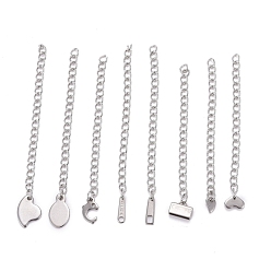 Stainless Steel Color Tarnish Resistant 304 Stainless Steel Chain Extender, Curb Chain, with 202 Stainless Steel Charms, Mixed Shapes, Stainless Steel Color, 57~71mm, Link: 3.7x3x0.5mm, Charms: 5~12.5x2.5~8.5x0.5~3mm