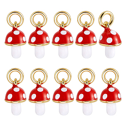 Real 18K Gold Plated 10Pcs Autumn Brass Enamel Red Mushroom Charms, Real 18K Gold Plated, 10.5x7.5x6mm, Jump Ring: 5x1mm, Inner Diameter: 3mm