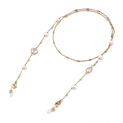 White 304 Stainless Steel Eyeglasses Chains, Neck Strap for Eyeglasses, with Natural Pearl Beads, Alloy Glass Links and Rubber Loop Ends, Flower, Golden, White, 31.89 inch(81cm)
