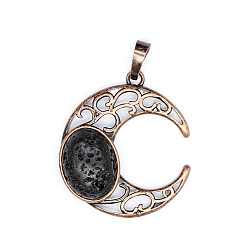 Лавовый камень Ретро полые подвески из натуральной лавы, луна подвески, с красной медной металлической фурнитурой, 34x30 мм