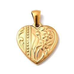Настоящее золото 18K 304 подвески из нержавеющей стали, ионное покрытие (ip), сердце с цветочным шармом, реальный 18 k позолоченный, 19x18x2.5 мм, отверстие : 5x3 мм