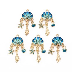 Стально-синий Подвески из эмали и сплава, без кадмия, без никеля и без свинца, золотой свет, оболочка, стальной синий, 35.5x15x3.5 мм, отверстие : 1.8~2 мм