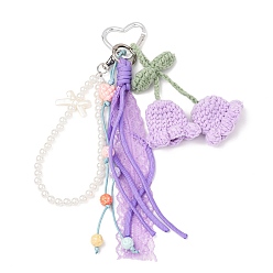 Фиолетовый Подвеска ручной работы из хлопковой пряжи с ландышами, круглыми бусинами из АБС-пластика и полиэстеровым шнуром, с алюминиевыми застежками-сердечками для ключей, фиолетовые, 245~250 мм