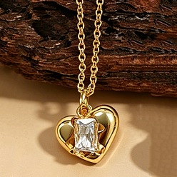 Heart Brass Pave Clear Cubic Zirconia Pendant Necklaces for Women, Golden, Heart, 17.72 inch(45cm), Pendant: 12x11mm