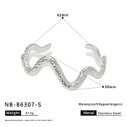 Нержавеющая Сталь Цвет Кованые 304 браслеты-манжеты из нержавеющей стали для женщин, волна, цвет нержавеющей стали, внутренний диаметр: 2.44 дюйм (6.2 см)