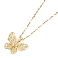 Настоящее золото 18K 201 из нержавеющей стали кабель цепи ожерелья, ожерелья с подвесками из латуни с прозрачным кубическим цирконием и микропаве, бабочка, реальный 18 k позолоченный, 16.06 дюйм (40.8 см)