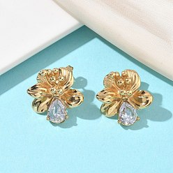 Прозрачный День святого Валентина 304 Серьги-гвоздики из нержавеющей стали с кубическим цирконием для женщин, цветок с каплей, ионное покрытие (ip), реальный 18 k позолоченный, прозрачные, 22x21.5 мм