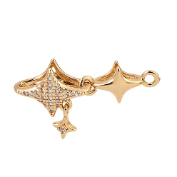 Chapado en Oro Real 18K Micropave de latón, circonita cúbica transparente, cierres plegables, estrella, real 18 k chapado en oro, 15x28x8 mm, agujero: 1.8 mm