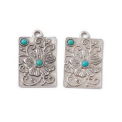 Flower Synthetic Turquoise Half Round Pendants, Rectangle Charms, with Rack Plating Antique Silver Tone Alloy Findings, Flower Pattern, 30x19x3mm, Hole: 2.5mm