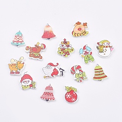 Mixed Color Printed Wooden Buttons, 2-Hole, Mixed Shapes, Dyed, Christmas Style, Mixed Color, 24~27.5x17~24x2~2.5mm, Hole: 2mm