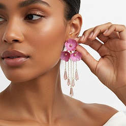 Orchid Alloy Glass Flower Stud Dangle Earringsl, Golden, Orchid, 106x44mm