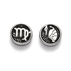 Дева 304 из нержавеющей стали бусы, плоские круглые с двенадцати созвездий, античное серебро, Дева, 10x4 мм, отверстие : 1.8 мм