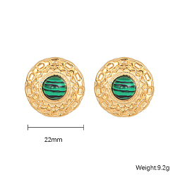 Malachite Synthetic Malachite Flat Round Stud Earrings, Golden 304 Stainless Steel Earrings, 22mm