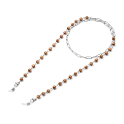 BurlyWood Eyeglasses Chains, Neck Strap for Eyeglasses, with Round Natural Wood Beads, Rubber Loop Ends, 304 Stainless Steel Paperclip Chains & Lobster Claw Clasps, BurlyWood, 32.6 inch(83cm)