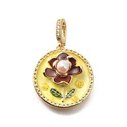 Шампанско-Желтый Латунные подвески с микропаве из кубического циркония и эмали, плоский круглый с цветными чарами, с блестящей пудрой и натуральным пресноводным жемчугом, без никеля , реальный 18 k позолоченный, шампанское желтый, 25.5x23.5x9.5 мм, отверстие : 6.5x4.5 мм
