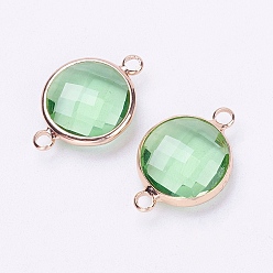Yellow Green Glass Links connectors, with Brass Findings, Faceted, Flat Round, Light Gold, Yellow Green, 22x14.7x6mm, Hole: 2mm