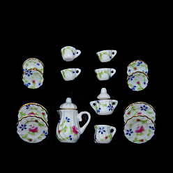 Flower Mini Porcelain Tea Set, including 2Pcs Teapots, 5Pcs Teacups, 8Pcs Dishes, for Dollhouse Accessories, Pretending Prop Decorations, Floral Pattern, 121x86x25mm, 15pcs/set