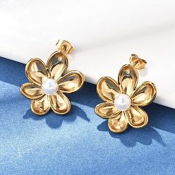 Настоящее золото 18K 304 серьги нержавеющей стали, цветок, с имитацией жемчуга, реальный 18 k позолоченный, 24x21 мм