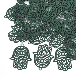 Зеленый 430 из нержавеющей стали филигранные подвески, окрашеные, гравированные металлические украшения, hamsa рука / рука fatima / рука miriam с глазом, зелёные, 23x18x0.3 мм, отверстие : 1.4 мм