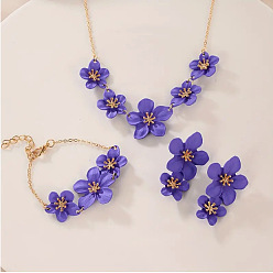 Стально-синий Наборы из цветочных браслетов, серег и ожерелий из сплава с распылением краски для женщин, стальной синий, 530 мм