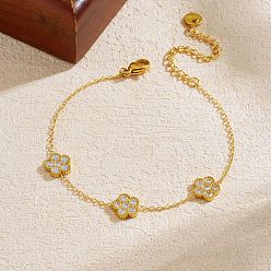 Цветок 304 Браслеты из нержавеющей стали с микропаве из прозрачных кубических цирконий, браслеты-цепочки для женщин, золотые, цветок, 6.46 дюйм (16.4 см)