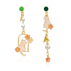 Cat Shape Серьги-гвоздики из сплава и эмали, Цветочная тема, золотые, форма кошки, 52x15 мм
