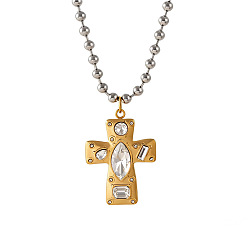 Cross 304 Stainless Steel Pave Clear Cubic Zirconia Geometric Pendant Necklaces, Golden & Stainless Steel Color, Cross, 15.75 inch(40cm), pendant: 46x34mm
