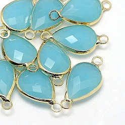 Светло-Синий Золотистые латунные стеклянные каплевидные соединители, голубой, 21x11x5 мм, отверстие : 2 мм