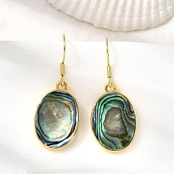 Oval Латунные серьги с подвесками из натуральной ракушки пауа, долговечный, стойки покрытие, реальный 18 k позолоченный, овальные, 39x15.5 мм