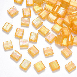 Gold FGB 2-Hole Baking Paint Transparent Glass Seed Beads, AB Color Plated, Rectangle, Gold, 5x4.5~5.5x2~2.5mm, Hole: 0.5~0.8mm, about 1180pcs/bag