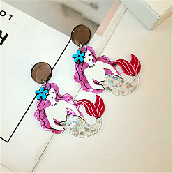 Русалка Милые акриловые серьги-гвоздики с мультяшными персонажами, Блестящие эффектные украшения для женщин и девушек, модные аксессуары, русалка, 65x43 мм