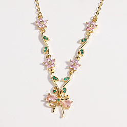 Pink Подвеска-бант в виде цветка из латуни с инкрустацией кубическим цирконием для женщин., золотые, розовые, 15.75 дюйм (40 см)