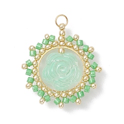 Бледно-бирюзовый Подвески-цветы из стеклянных бус, со стеклом и 304 кольцом для прыжков из нержавеющей стали, реальный 18 k позолоченный, бледные бирюзовая, 25.5x23.5x8 мм, отверстие : 2.5 мм