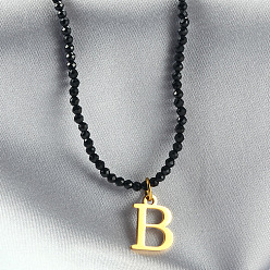 Letter B 304 подвеска из нержавеющей стали с инициалом, ожерелья из граненых круглых бусин черного стекла для женщин, золотые, В письме, 15.35 дюйм (39 см)