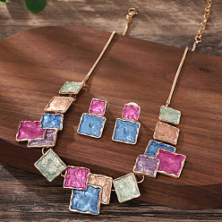 Разноцветный Комплекты квадратных ожерелий с подвесками из цинкового сплава и серег-гвоздиков, красочный, 420 мм