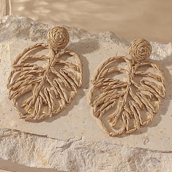 Цвет Древесины Серьги-гвоздики из железной рафии, лист, золотой свет, с 316 штифтов из нержавеющей стали, деревесиные, 70x45 мм
