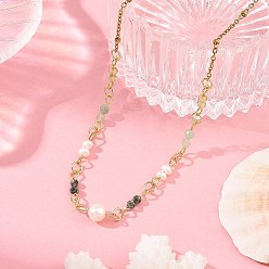 Golden 304 Stainless Steel with Natural Mixed Gemstone Pendant Necklaces, Round Charms, Natural Cultured Freshwater Pearl, Golden, 15.24 inch(38.7cm)