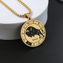 Телец Плоские круглые с созвездием 201 ожерелья из нержавеющей стали с подвеской, золотые, Телец, 23.62 дюйм (60 см)